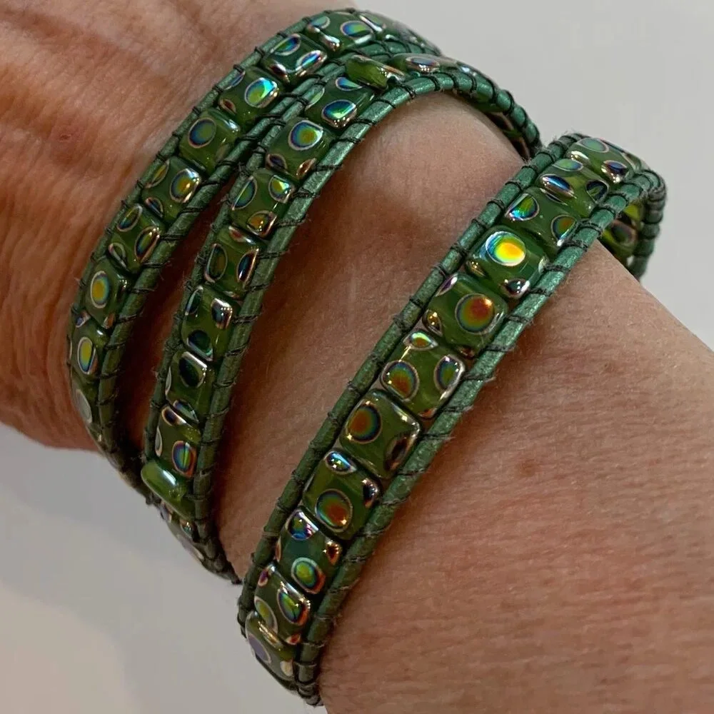 Bespoke Glass Leather Bead Cuff Bracelet - Gold & Green Aura Finish - Handmade - Picture 2 of 7